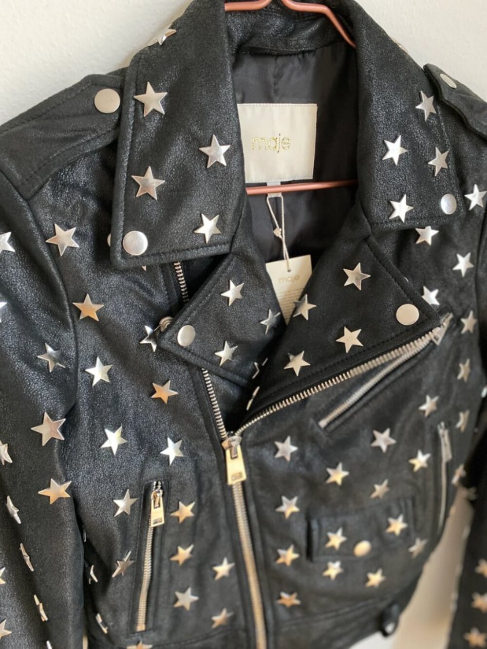 Maje Star Studded Lamb Leather Moto Jacket Black Cropped Belted Size US 6 FR 38 - Picture 4 of 6